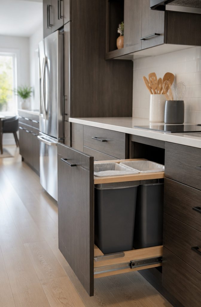 9 Home Trash Can Ideas for Every Kitchen Size and Style 2 A pull-out drawer with dual bins for trash and recycling.