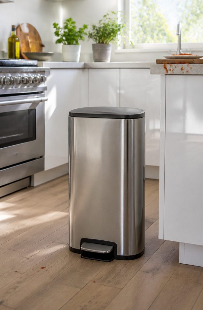 9 Home Trash Can Ideas for Every Kitchen Size and Style 1 A stainless steel kitchen trash can with a modern design.