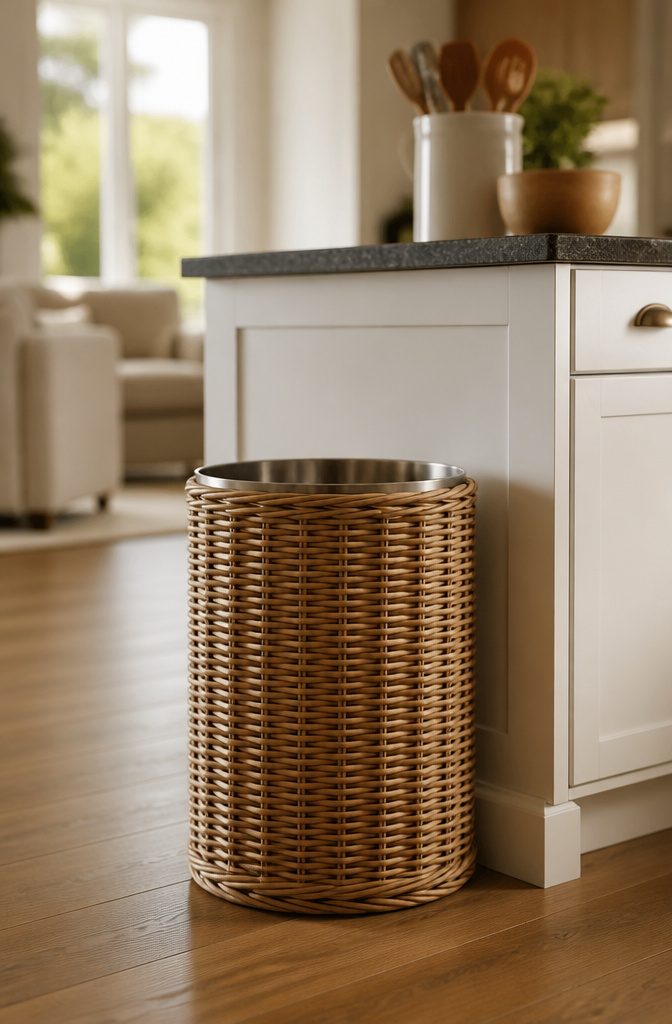 9 Home Trash Can Ideas for Every Kitchen Size and Style 6 A wicker trash basket with a stainless steel liner.