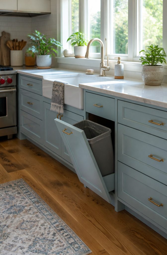 9 Home Trash Can Ideas for Every Kitchen Size and Style 3 A tilt-out trash bin beneath a modern kitchen sink.
