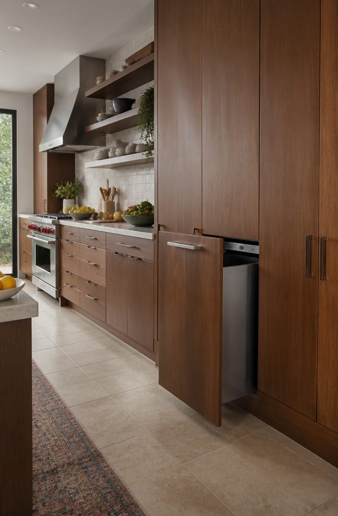 9 Home Trash Can Ideas for Every Kitchen Size and Style 5 A built-in trash compactor in a kitchen cabinet.