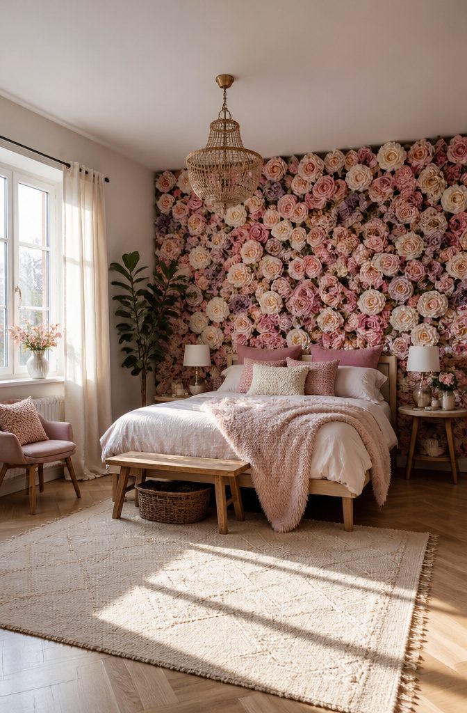 17 Homemade Wall Decor Ideas You Can Make on a Budget 16 Wall covered with artificial flowers behind a bed.