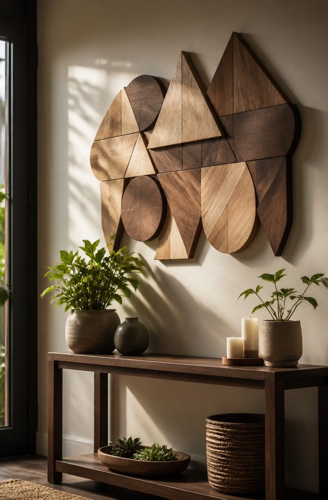 17 Homemade Wall Decor Ideas You Can Make on a Budget 10 Wood geometric shapes mounted on a wall.