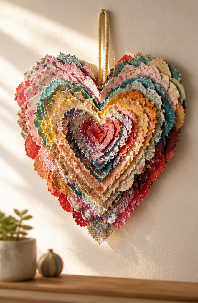 17 Homemade Wall Decor Ideas You Can Make on a Budget 15 Heart-shaped decoration made from fabric and paper.