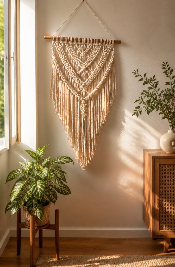 17 Homemade Wall Decor Ideas You Can Make on a Budget 7 Intricate macrame wall hanging displayed in a cozy room.