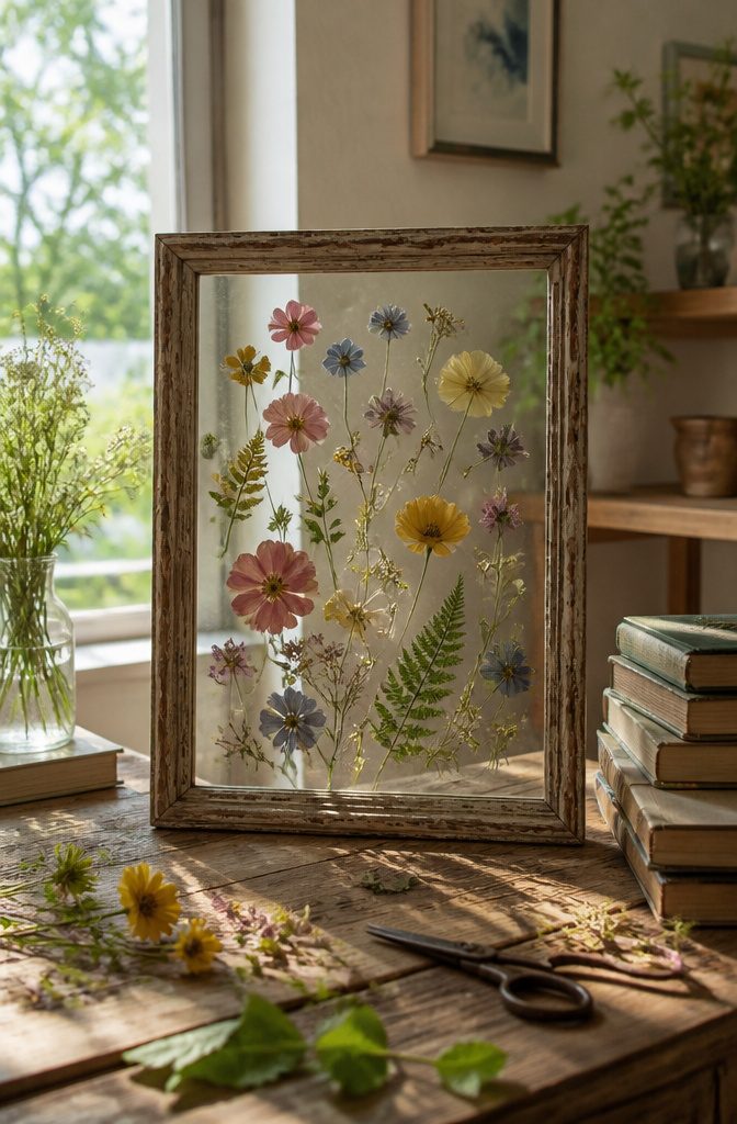 17 Homemade Wall Decor Ideas You Can Make on a Budget 1 Pressed flowers in a glass frame on a wooden table.