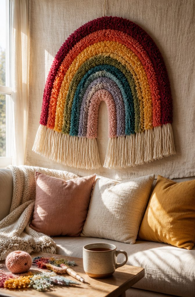 17 Homemade Wall Decor Ideas You Can Make on a Budget 3 Rainbow wall hanging created with latch hook knots.