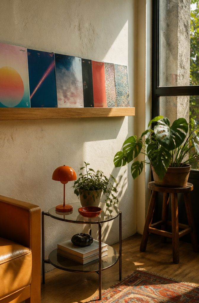 17 Homemade Wall Decor Ideas You Can Make on a Budget 14 Vinyl record covers arranged on a floating shelf.