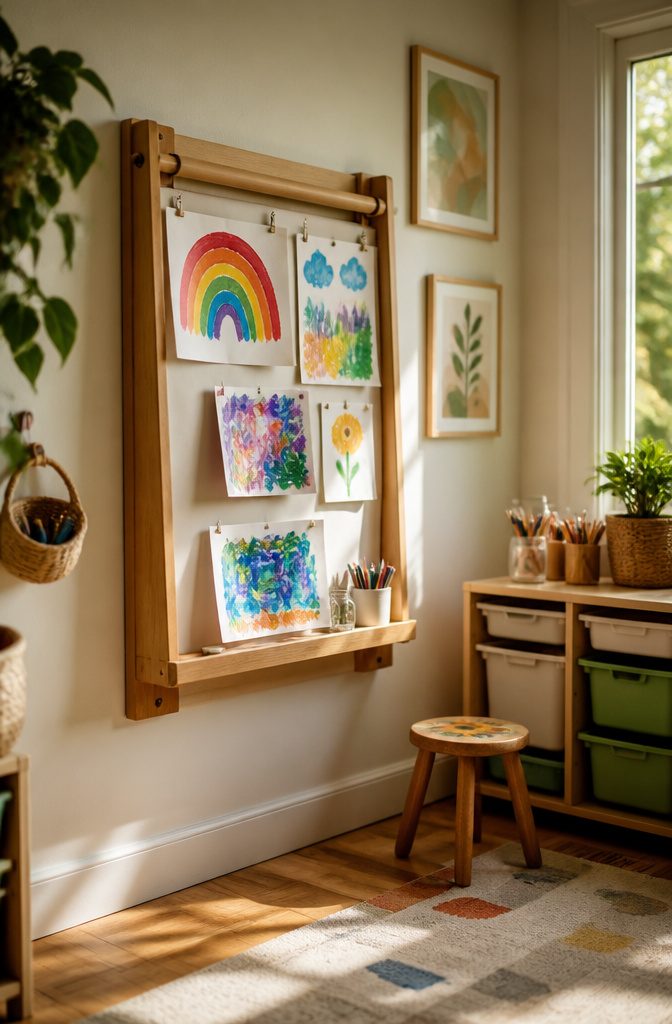 17 Homemade Wall Decor Ideas You Can Make on a Budget 13 Wall-mounted easel displaying children's drawings.