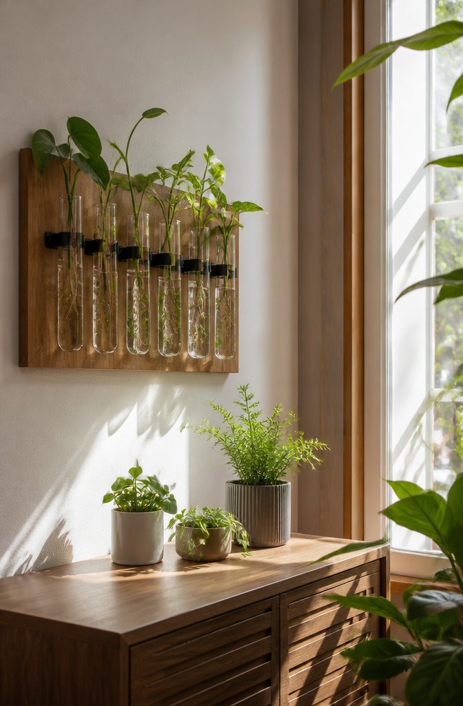 17 Homemade Wall Decor Ideas You Can Make on a Budget 17 Wall-mounted propagation tubes holding plant cuttings.