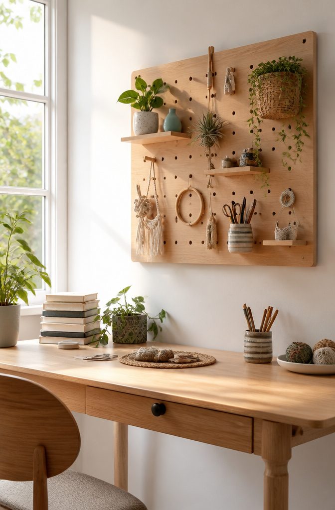 17 Homemade Wall Decor Ideas You Can Make on a Budget 6 Wooden pegboard mounted on a wall with various items.