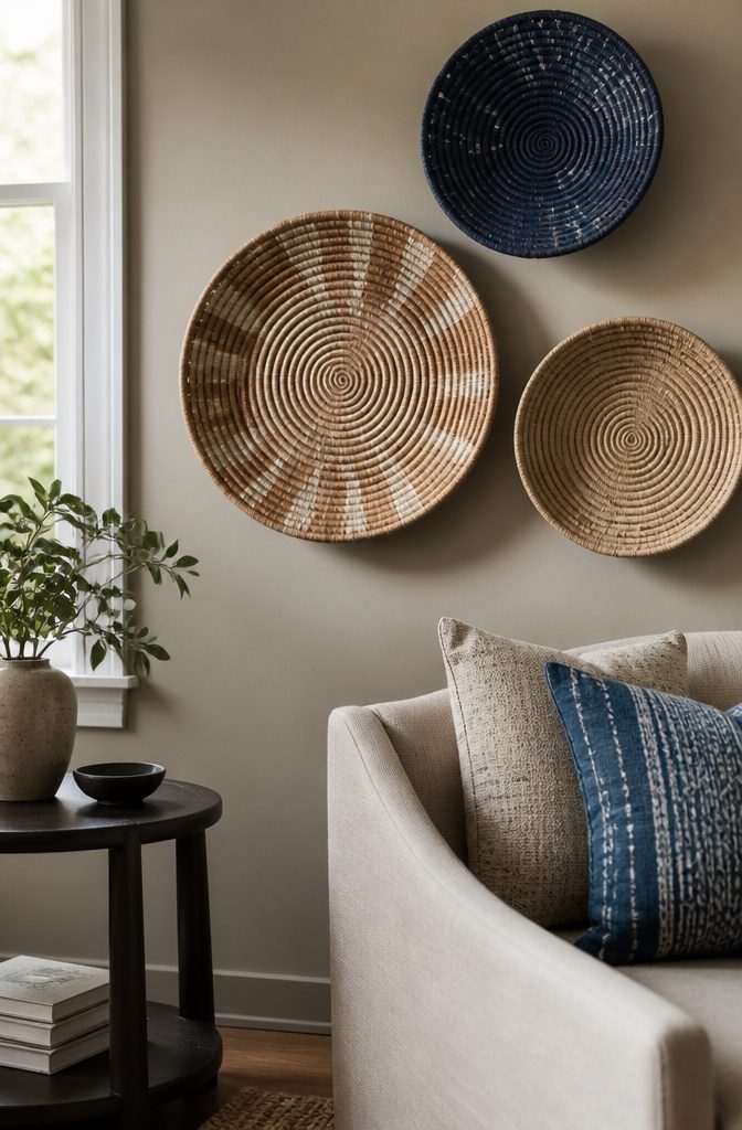 17 Homemade Wall Decor Ideas You Can Make on a Budget 2 Woven baskets hung on a muted wall.