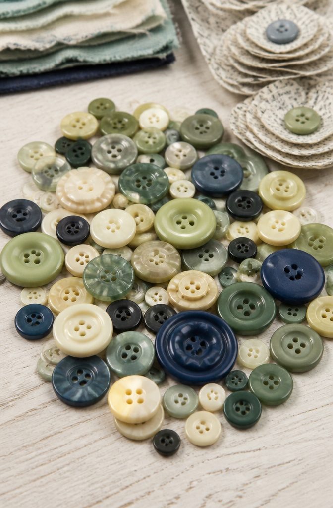 Various buttons displayed, showcasing different sizes and textures.