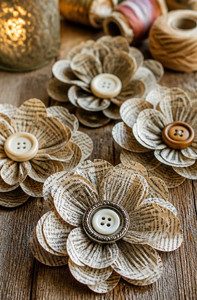 Close-up of a flower center featuring a button and layers of newspaper.