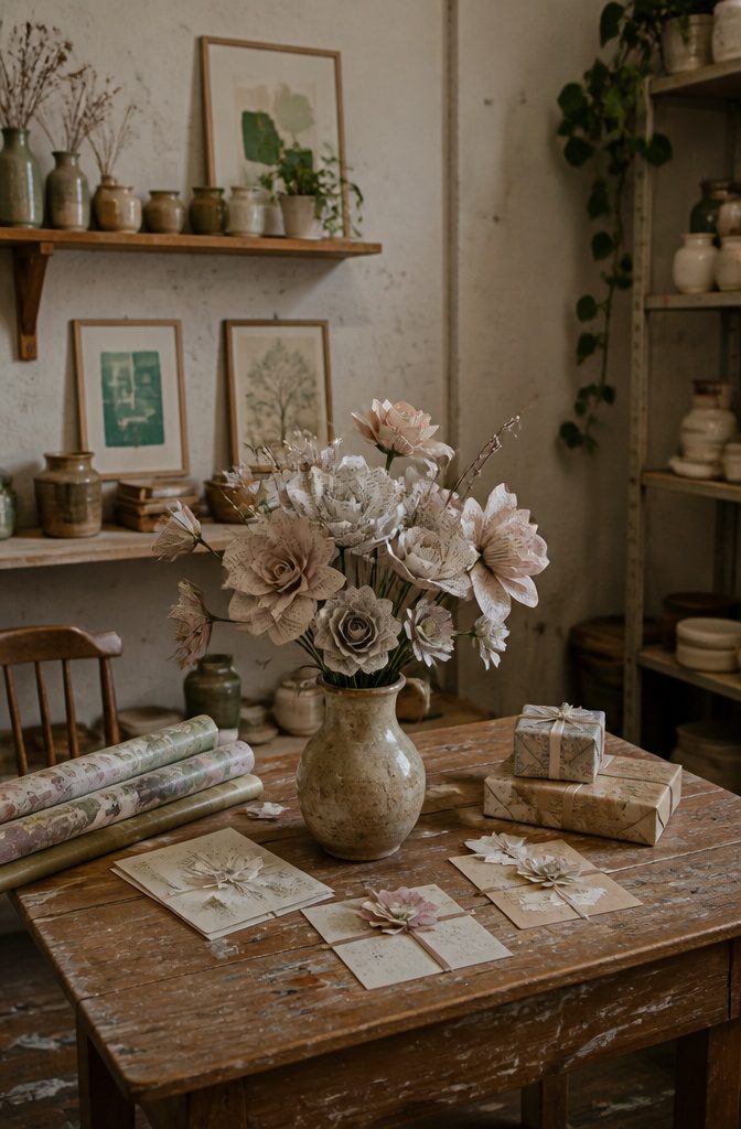 A bouquet of newspaper flowers with wire stems in a vase.