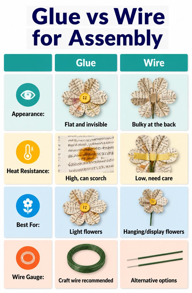 Comparison image showing glue versus wire assembly for flowers.