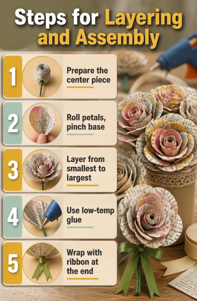 Steps for layering and assembling petals into a flower.