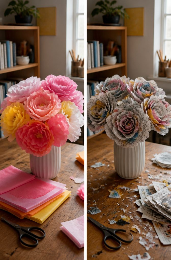 Tissue and newspaper layers prepared for flower making.