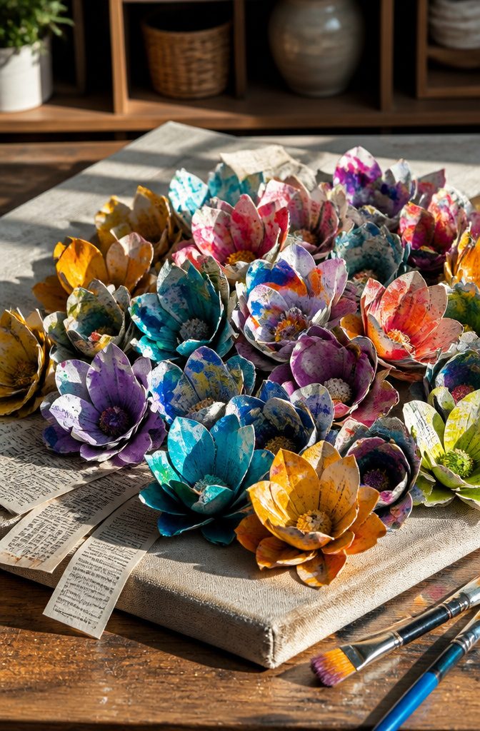 Collection of painted newspaper flowers on a textured canvas backdrop.