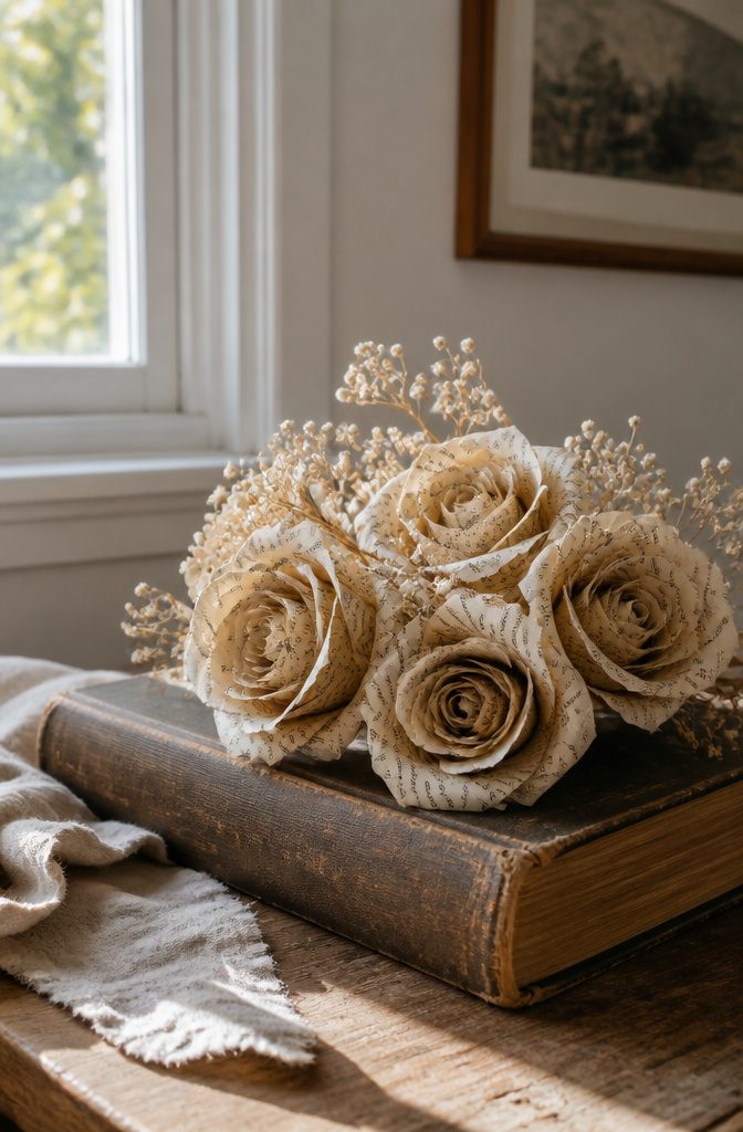 Delicate book page roses resting on an aged book.