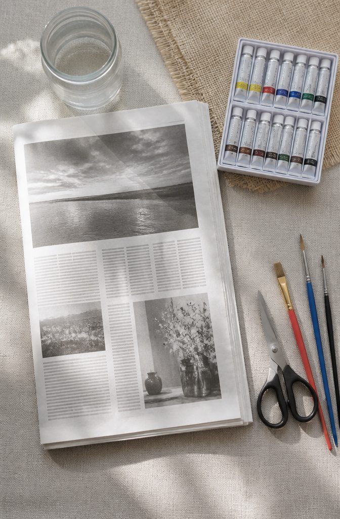 Photograph showing painted newspaper and crafting supplies on a table.