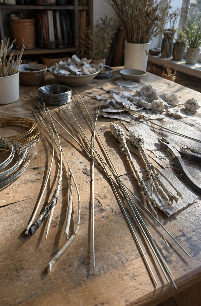 Arrangement of wire stems ready for flower assembly on a crafting table.