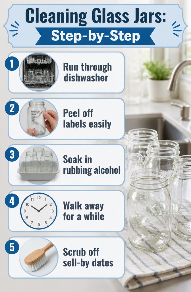 How to Reuse Glass Jars: 10 Practical Ways to Give Them New Life 11 Step-by-step instructions for cleaning glass jars displayed visually.