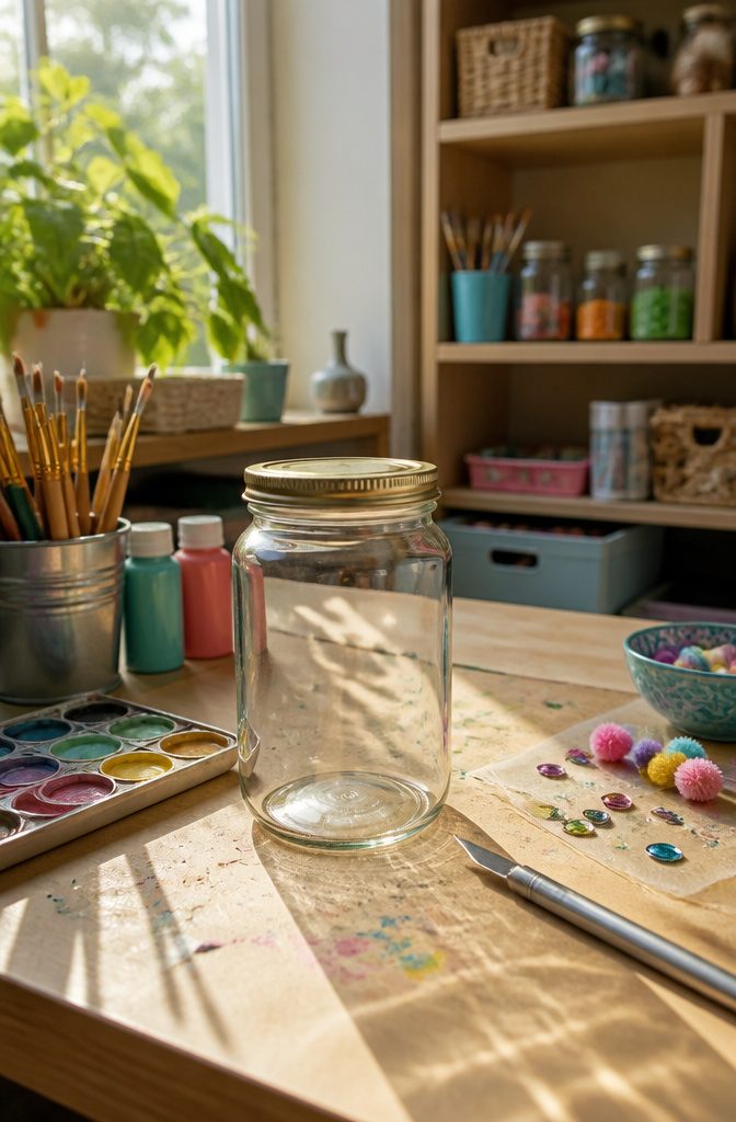 How to Reuse Glass Jars: 10 Practical Ways to Give Them New Life 8 A glass jar on a craft table surrounded by paint and decorations.