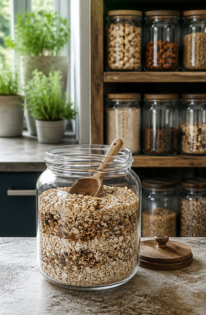 How to Reuse Glass Jars: 10 Practical Ways to Give Them New Life 3 A wide-mouth glass jar filled with layers of oatmeal on a countertop.