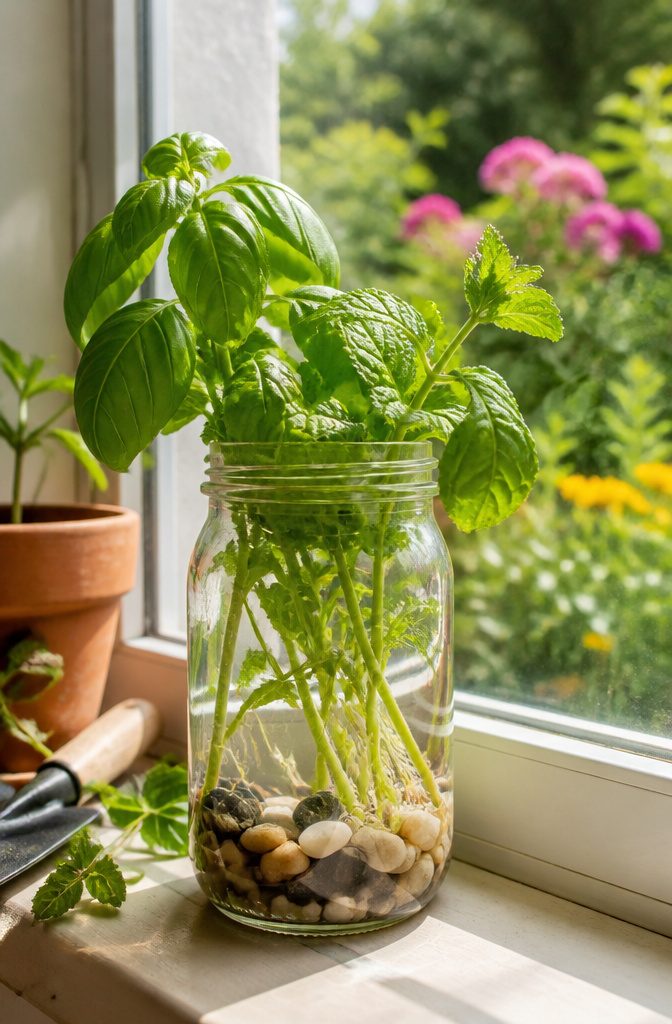 How to Reuse Glass Jars: 10 Practical Ways to Give Them New Life 5 A jar with pebbles and potting mix, ready for planting herbs.