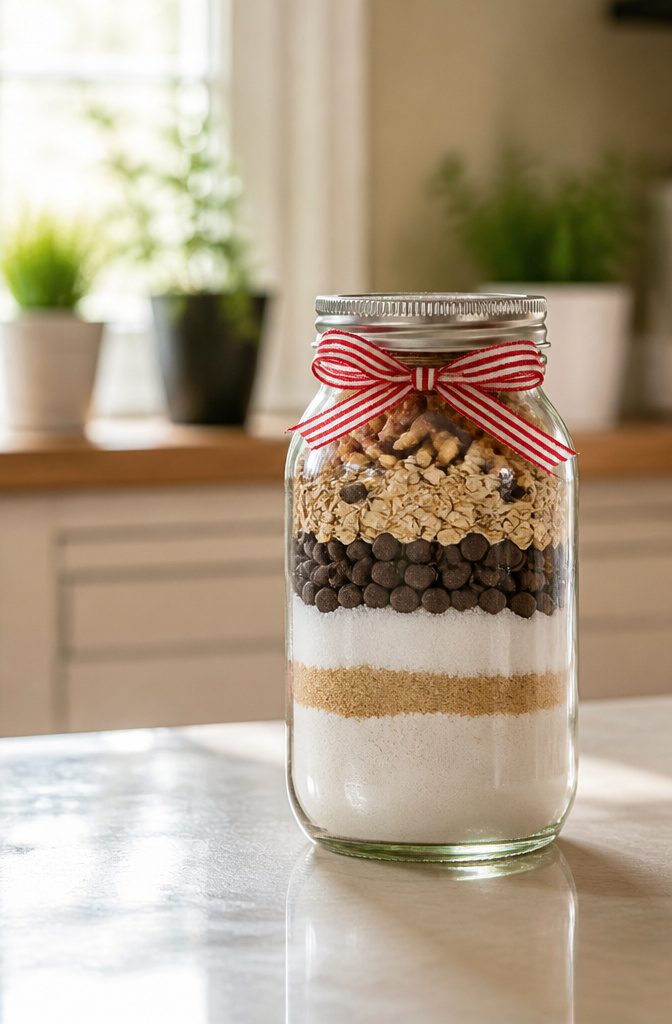 How to Reuse Glass Jars: 10 Practical Ways to Give Them New Life 6 A glass jar filled with layered dry baking ingredients and a tag.