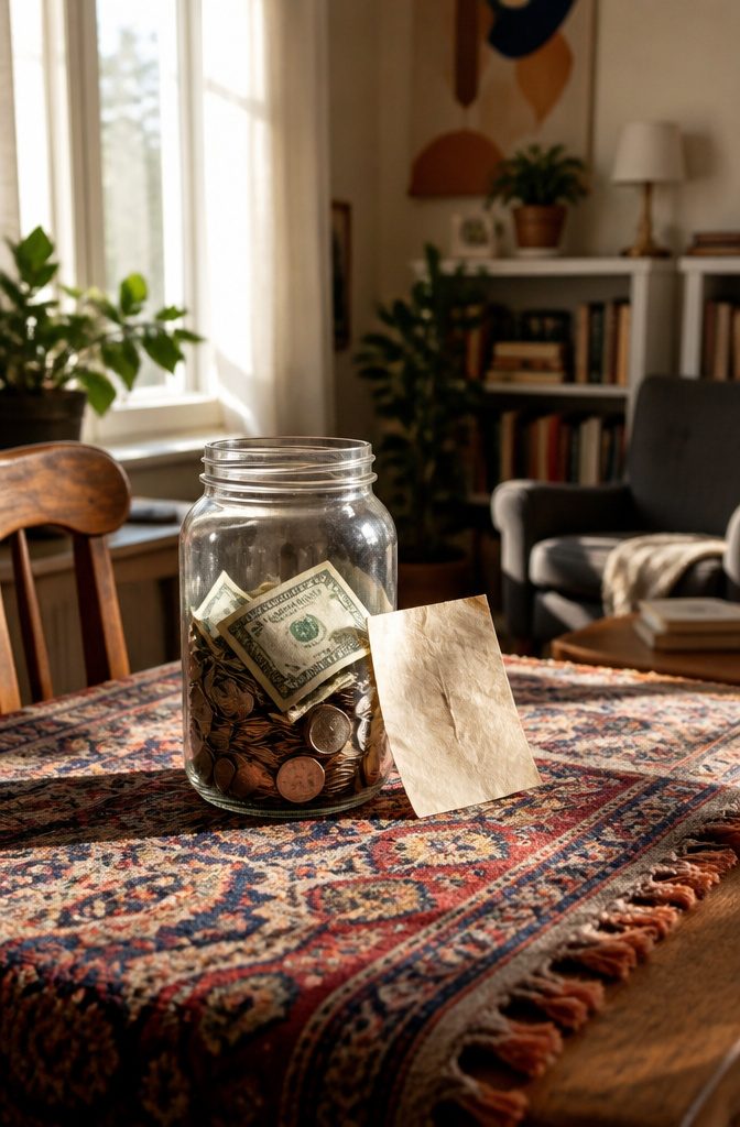 How to Reuse Glass Jars: 10 Practical Ways to Give Them New Life 9 A jar filled with coins and folded bills on a dining table.