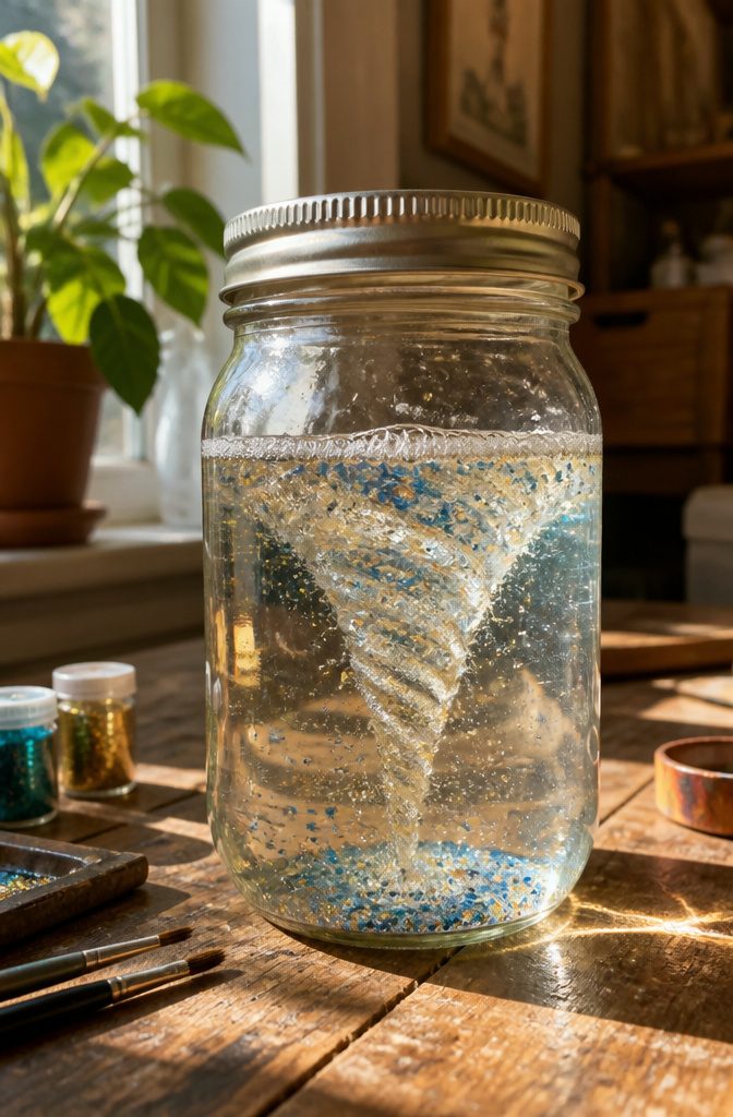 How to Reuse Glass Jars: 10 Practical Ways to Give Them New Life 1 A clear jar filled with water, dish soap, glitter, and a tight lid.