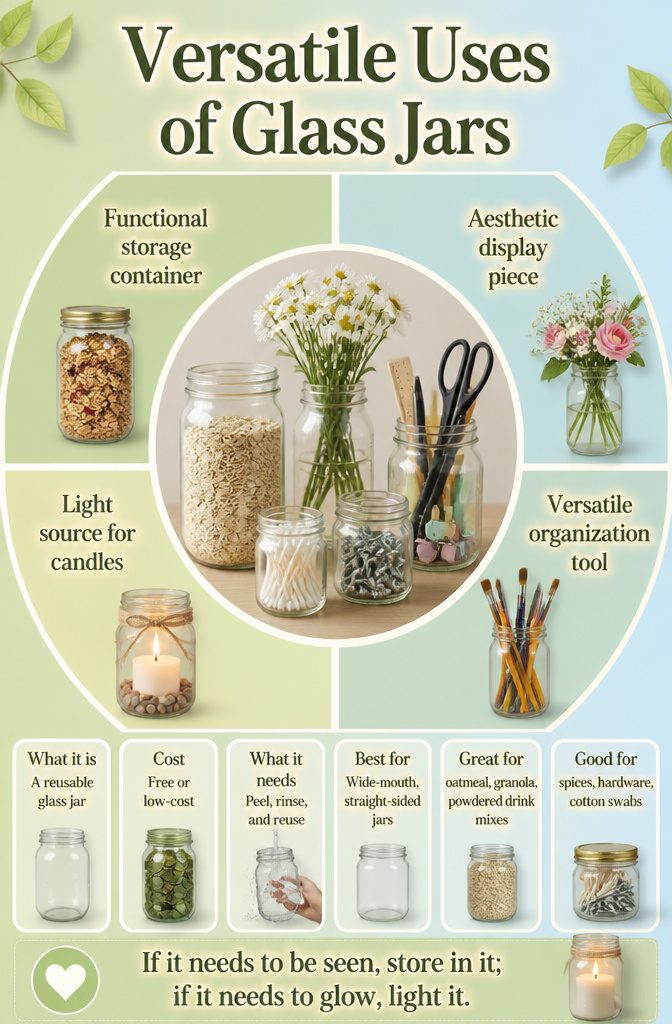 How to Reuse Glass Jars: 10 Practical Ways to Give Them New Life 13 Various glass jars displayed for different uses on a shelf.