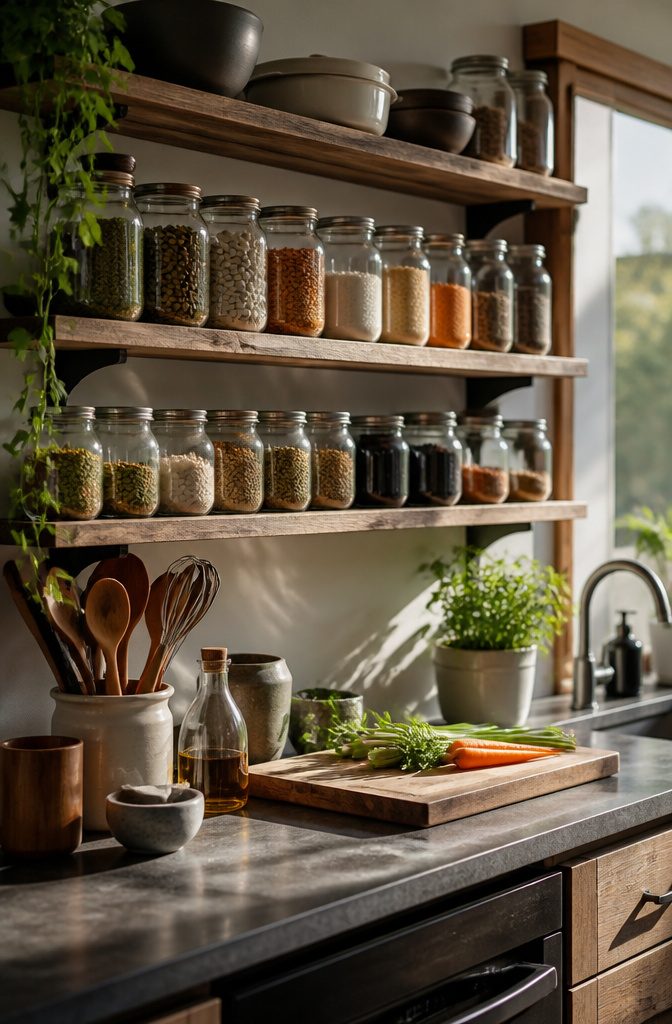 How to Reuse Glass Jars: 10 Practical Ways to Give Them New Life 12 A shelf lined with clear glass jars filled with pantry staples.