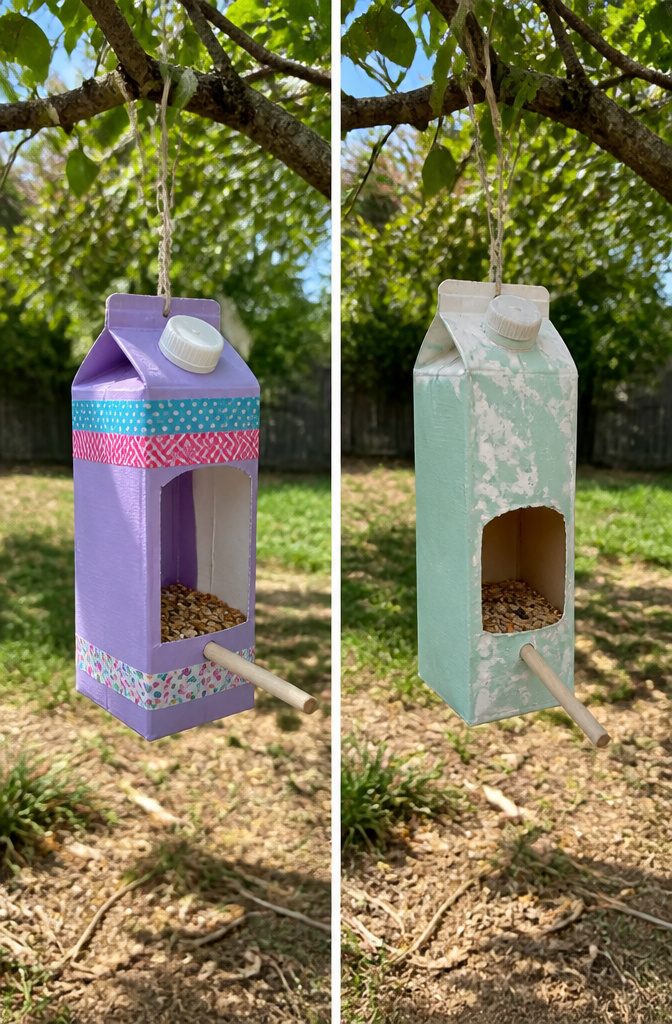 16 Kid Craft Ideas for Creative Time at Home in 2026 5 A milk carton bird feeder and a pine cone covered in birdseed.