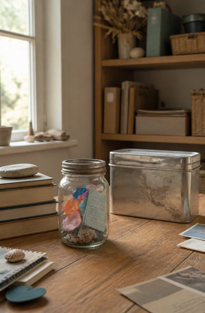 16 Kid Craft Ideas for Creative Time at Home in 2026 11 A mason jar filled with notes and small items for a time capsule.