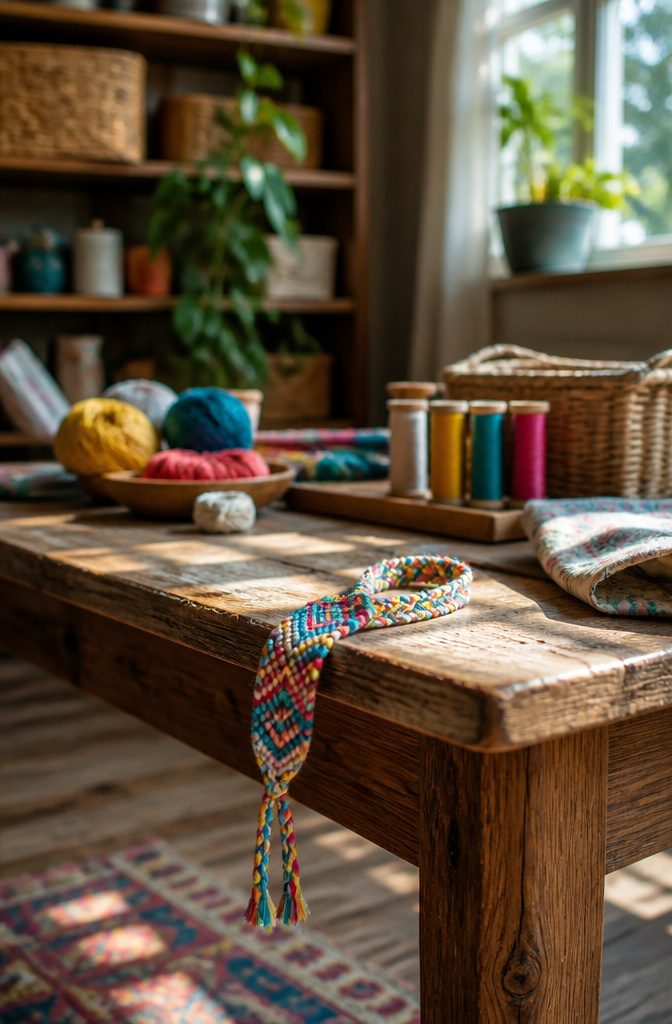16 Kid Craft Ideas for Creative Time at Home in 2026 4 A macrame friendship bracelet displayed on a wooden table with crafting supplies.