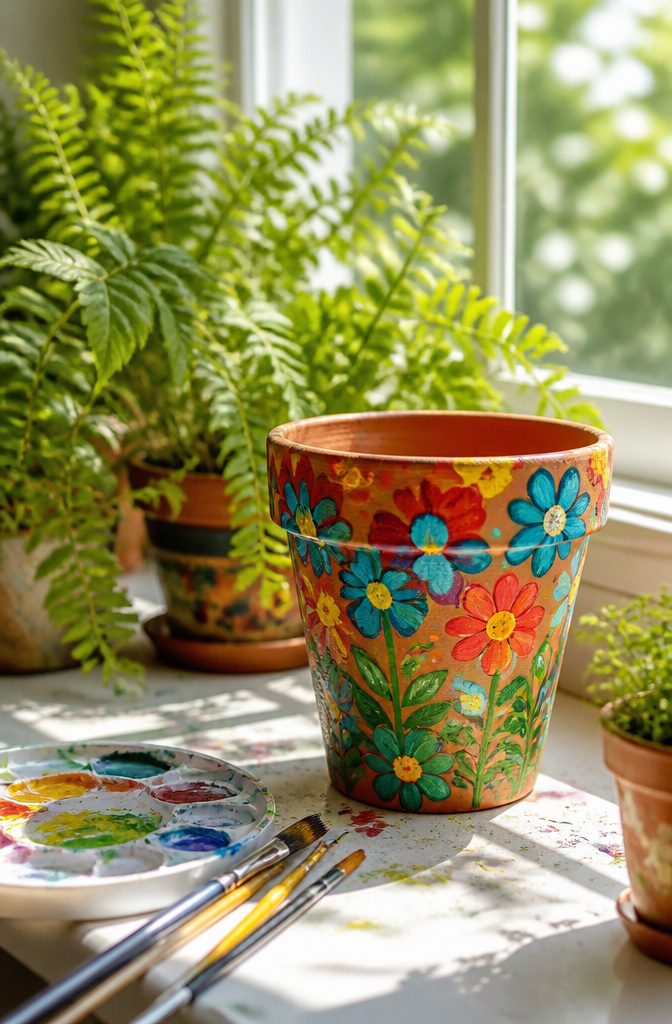 16 Kid Craft Ideas for Creative Time at Home in 2026 8 A painted terracotta flower pot with colorful patterns on a windowsill.