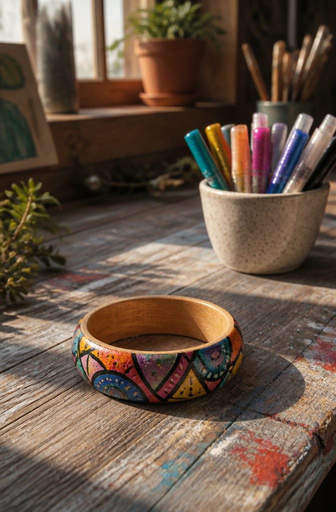 16 Kid Craft Ideas for Creative Time at Home in 2026 14 A painted wooden bracelet displayed on a weathered table.