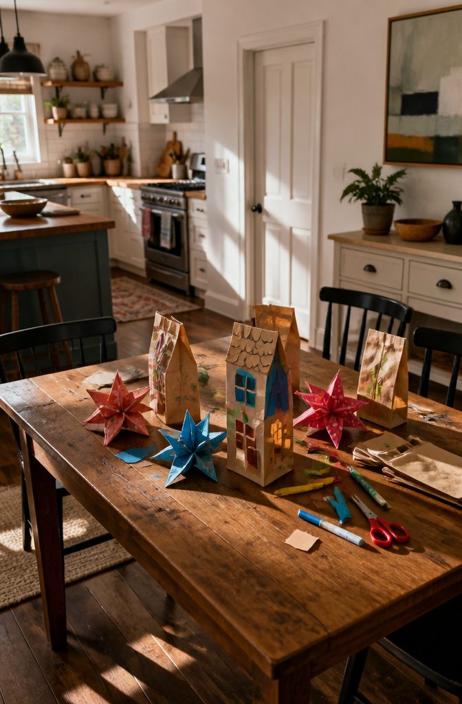 16 Kid Craft Ideas for Creative Time at Home in 2026 9 Paper bags folded into houses and stars displayed on a table.