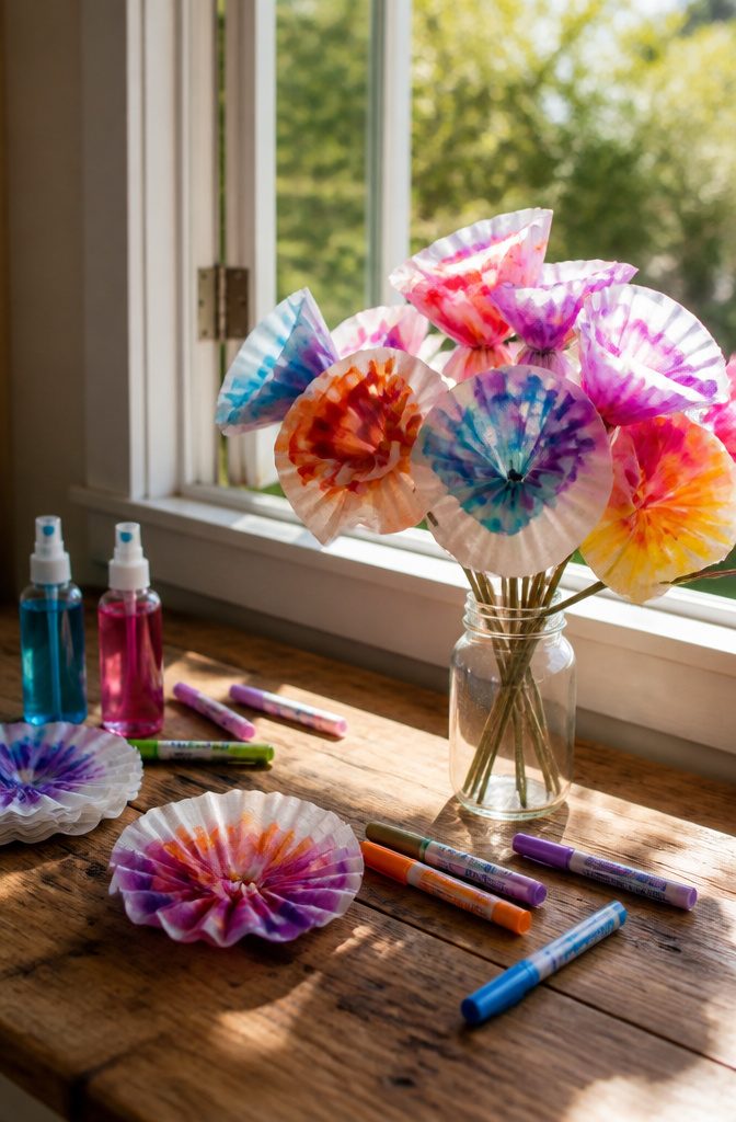 16 Kid Craft Ideas for Creative Time at Home in 2026 12 A collection of paper filter flowers dyed with markers on a windowsill.