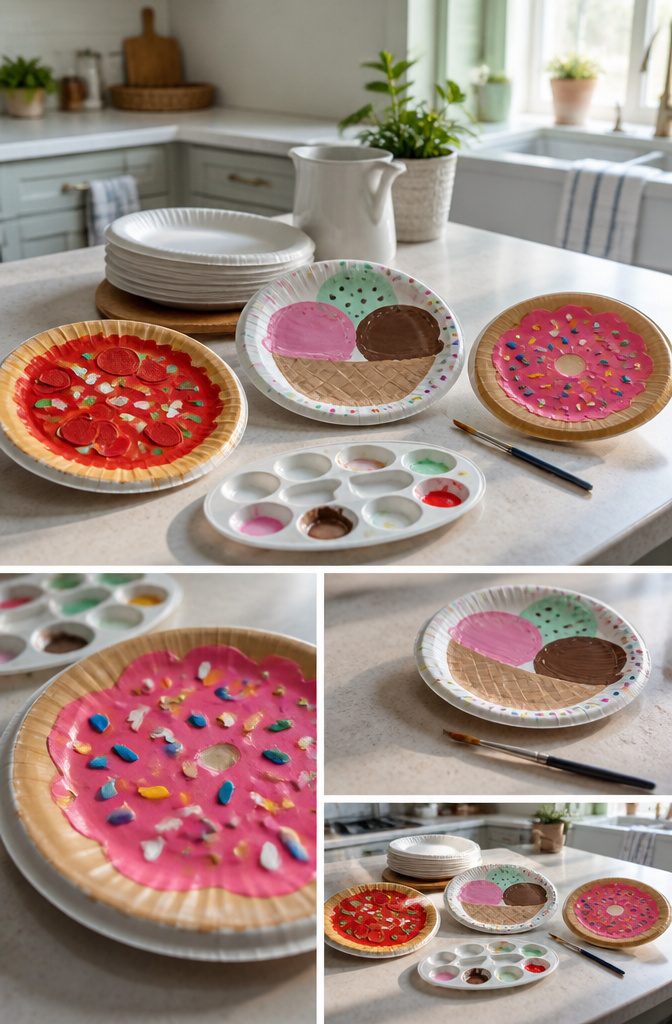 16 Kid Craft Ideas for Creative Time at Home in 2026 3 Paper plates painted to resemble ice cream, pizza, and a donut.