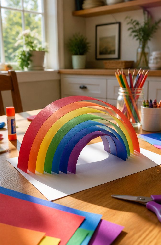 16 Kid Craft Ideas for Creative Time at Home in 2026 1 A paper rainbow made from construction paper strips on a wooden table.