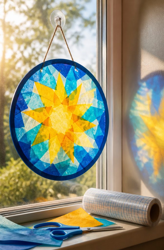16 Kid Craft Ideas for Creative Time at Home in 2026 7 Suncatchers made from tissue paper and contact paper hanging in a window.