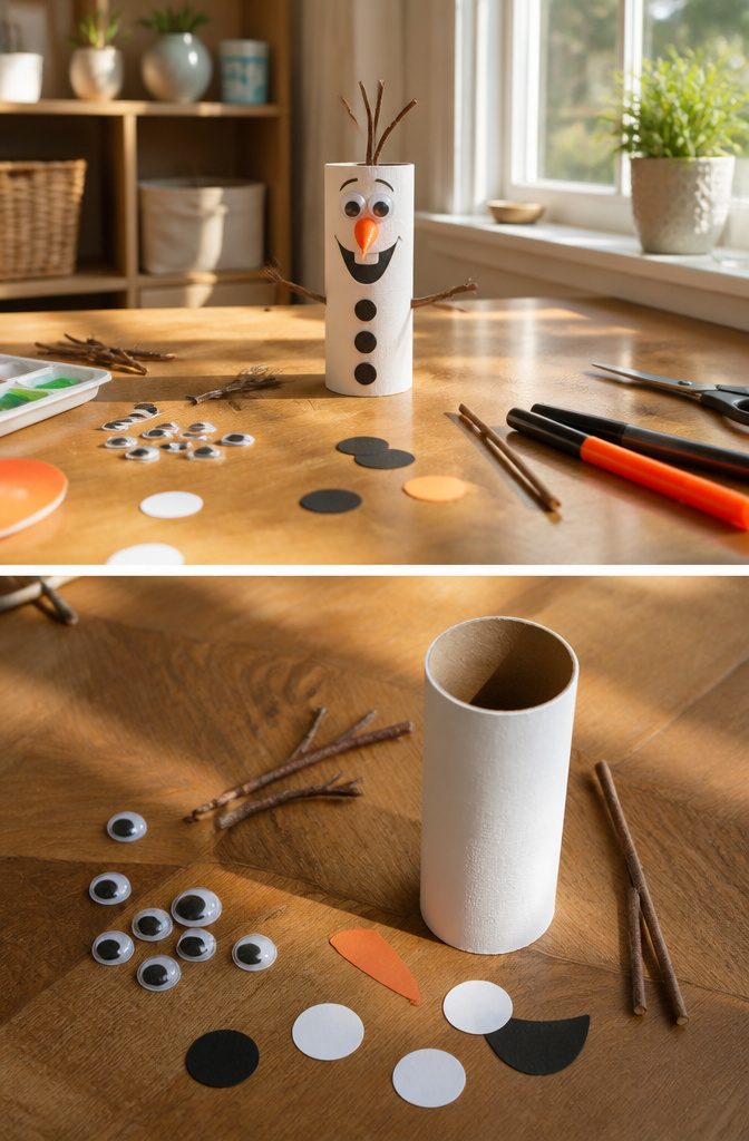 16 Kid Craft Ideas for Creative Time at Home in 2026 2 A painted toilet paper roll shaped like Olaf the snowman with paper details.