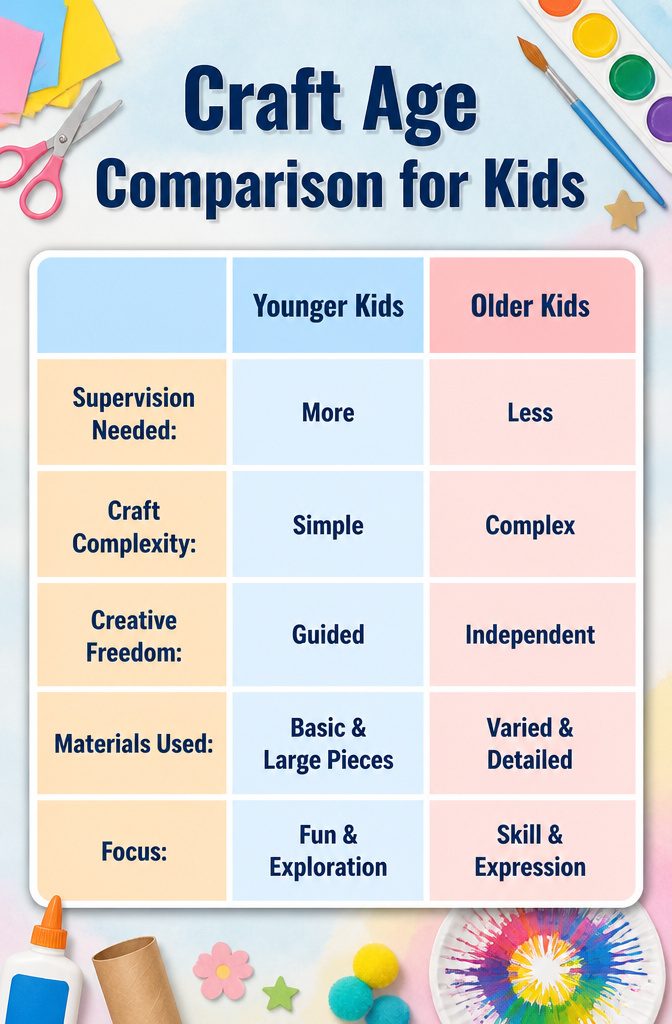 16 Kid Craft Ideas for Creative Time at Home in 2026 18 A chart titled 'Craft Age Comparison for Kids' showing age recommendations.