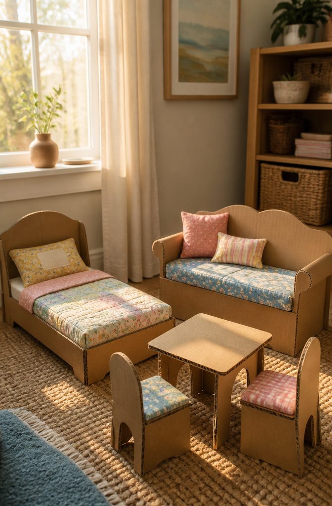 25 Ideas to Make Stuff Out of Cardboard at Home 18 Collection of cardboard doll furniture arranged in a living room scene.