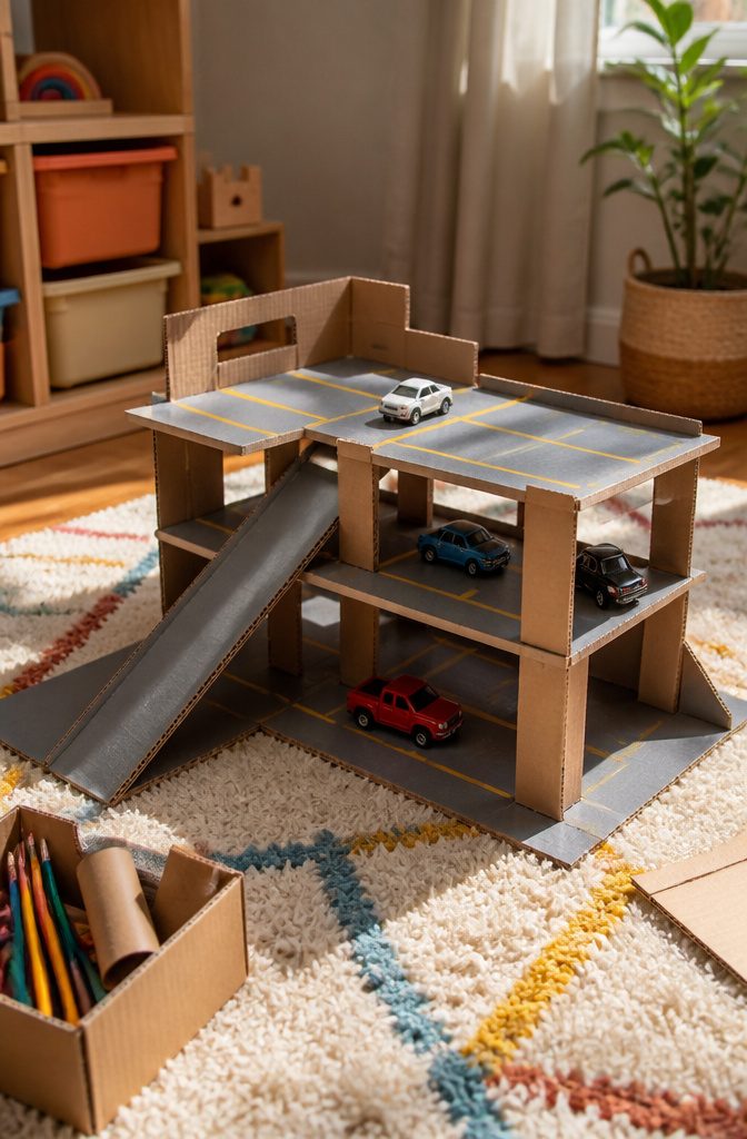 25 Ideas to Make Stuff Out of Cardboard at Home 15 Handmade cardboard garage with ramps for toy vehicles.