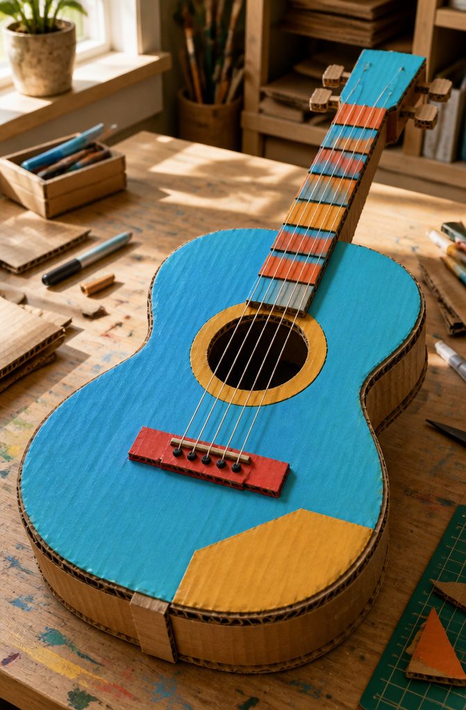 25 Ideas to Make Stuff Out of Cardboard at Home 21 Handcrafted cardboard guitar with rubber band strings.